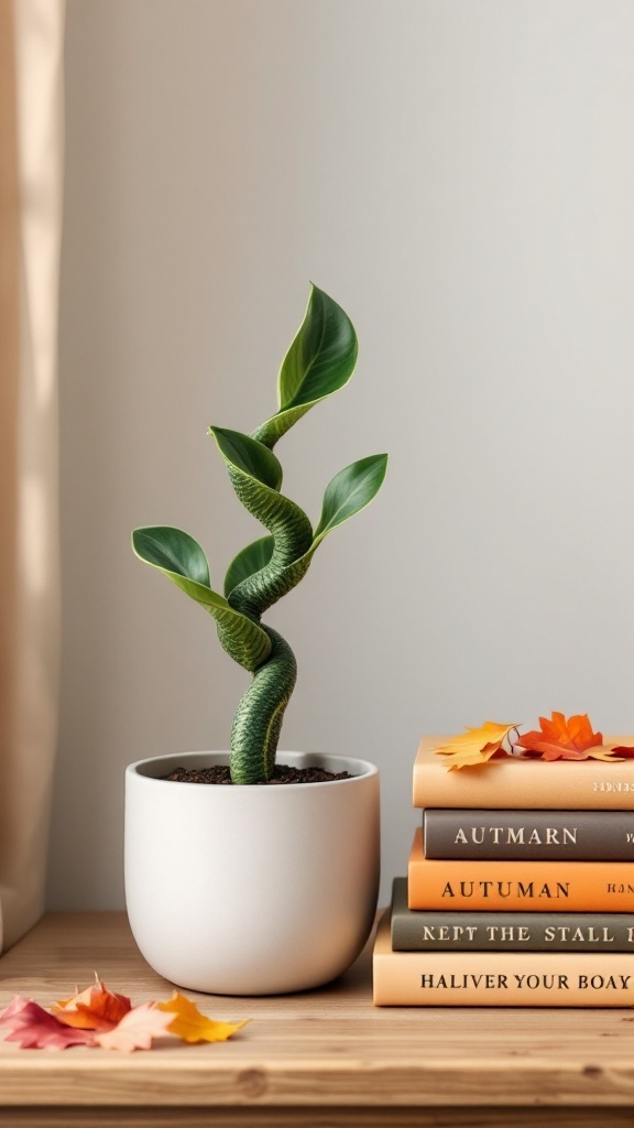 A Snake Plant in a white pot beside autumn-themed books and leaves.