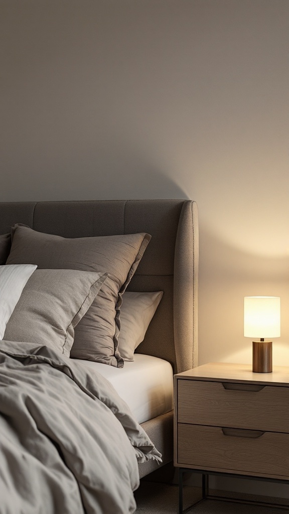 A cozy Scandinavian bedroom with a simple lamp on a bedside table.