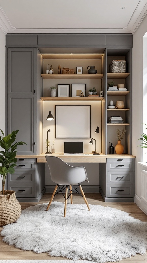 Scandinavian home office with a built-in Murphy desk and cozy decor.