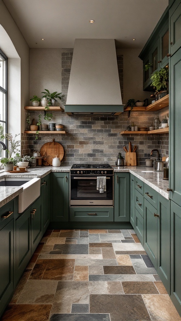 A cozy kitchen featuring a slate and stone backsplash, green cabinets, and wooden shelving.