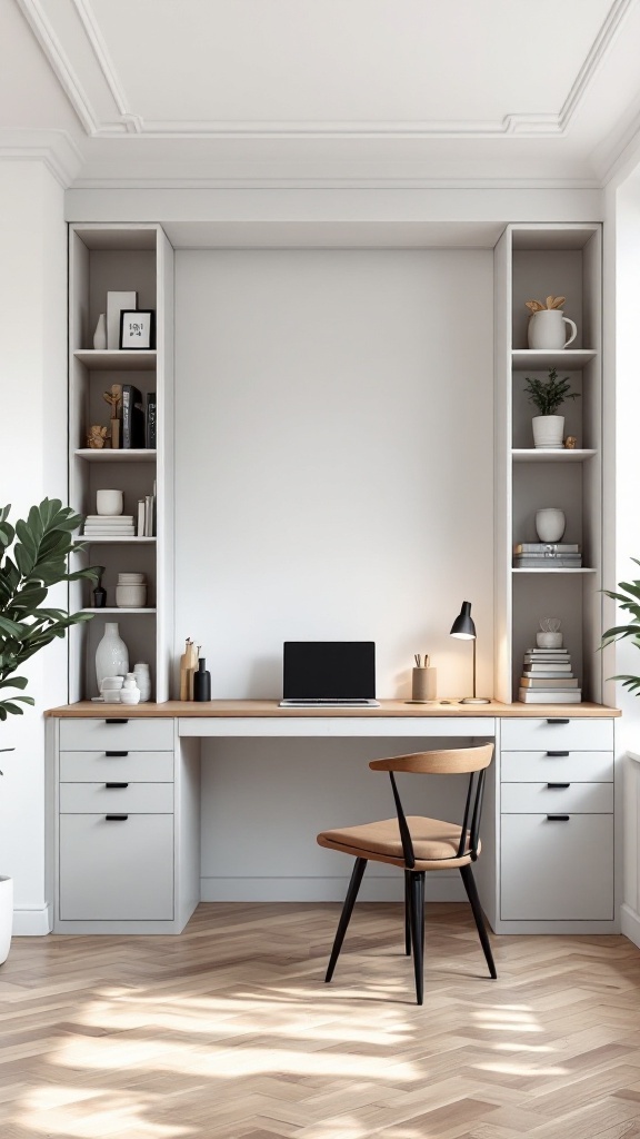 Scandinavian home office with a built-in Murphy desk and open space feel.