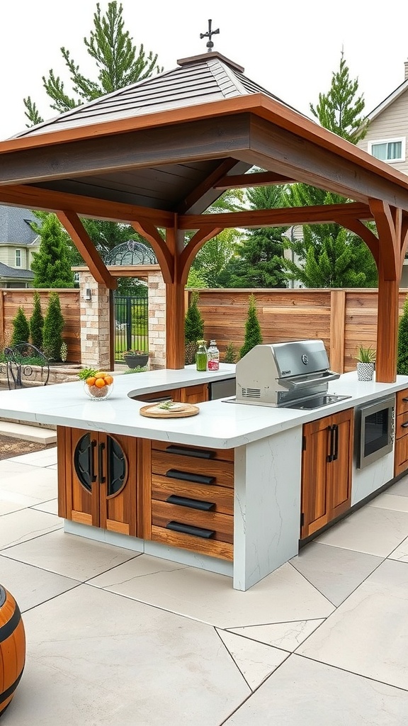 Outdoor kitchen featuring a modern layout with quartz countertop and rustic wooden accents, under a stylish gazebo.