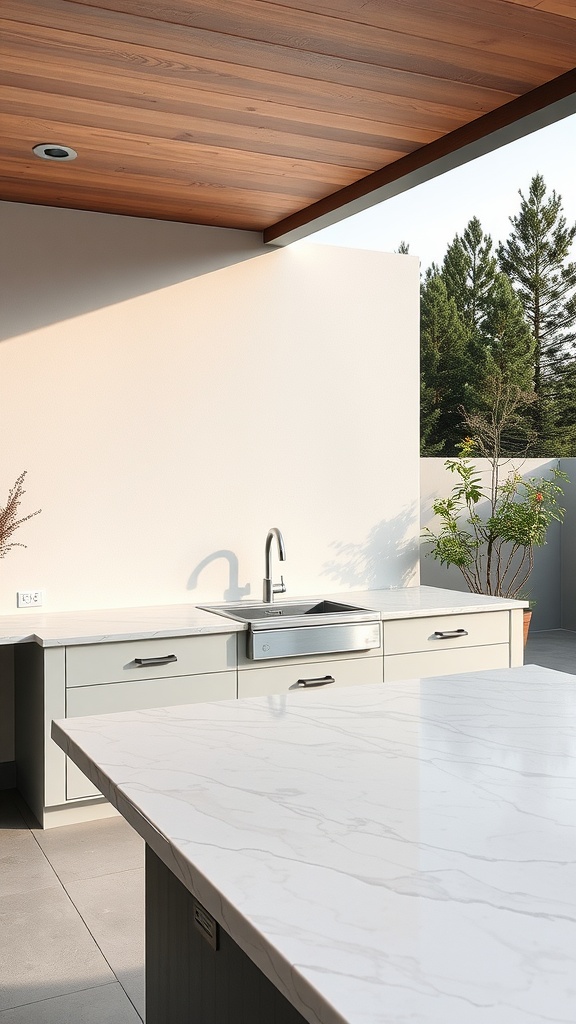 Modern outdoor kitchen with a quartz countertop and a built-in sink.