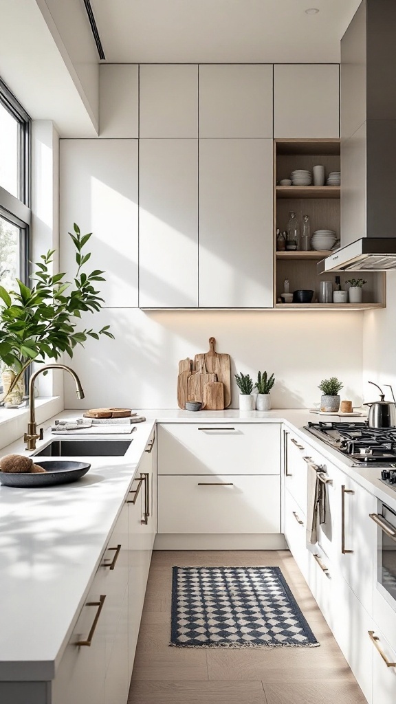 A modern kitchen featuring sleek white cabinets, wooden accents, and a minimalist design.