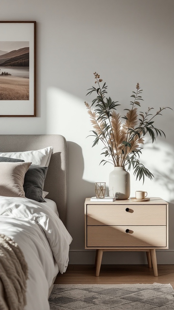 A stylish bedroom featuring a sleek nightstand with decorative elements.