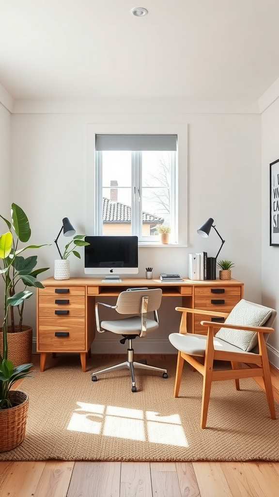 A stylish Scandinavian-inspired workspace with a wooden desk, computer, and a comfortable chair.