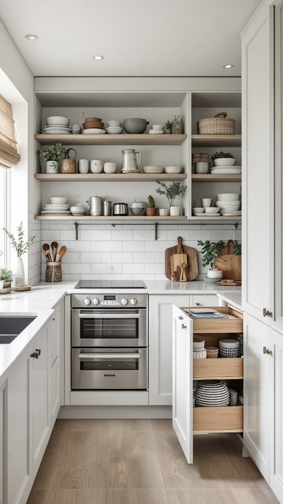 A modern kitchen featuring open shelves filled with dishware and a cabinet with pull-out drawers.