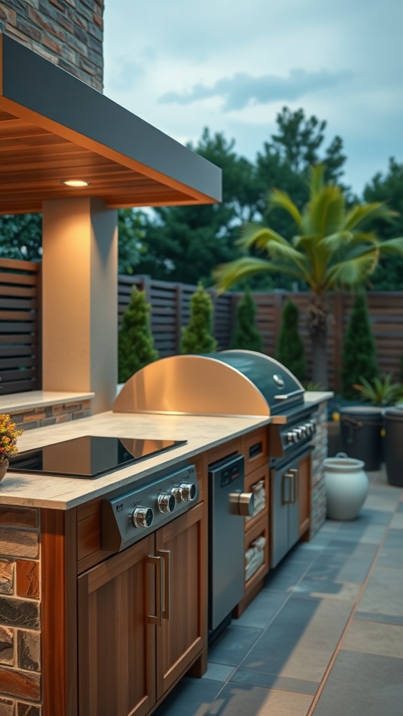 A modern outdoor kitchen featuring a quartz countertop, rustic elements, and smart technology.