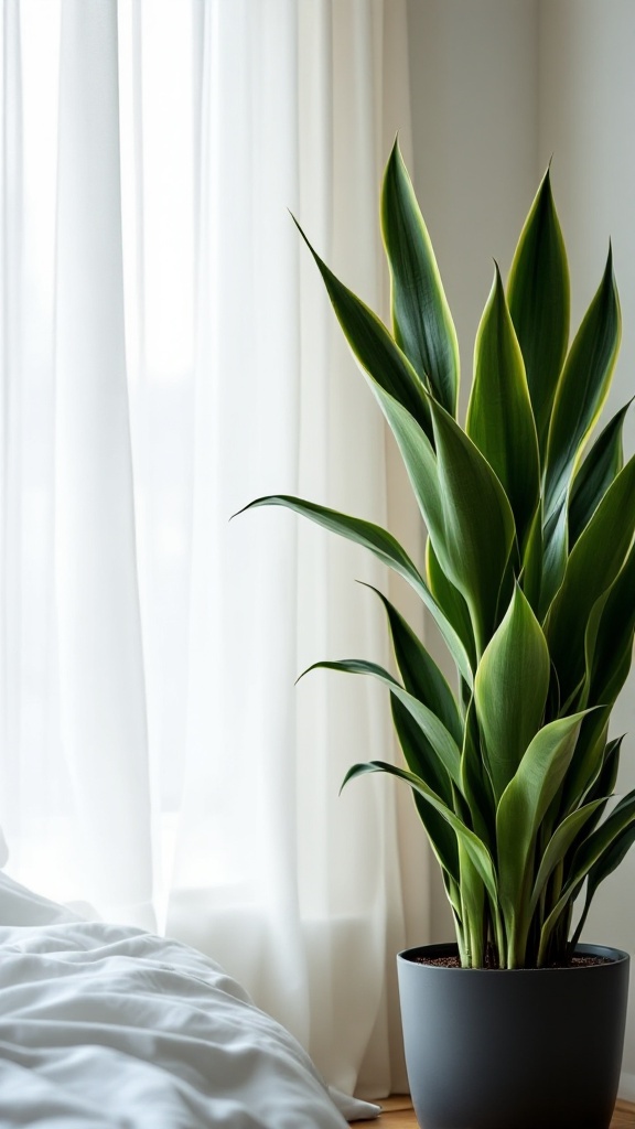 A snake plant with tall, vibrant leaves in a modern pot, positioned near a window with sheer curtains.