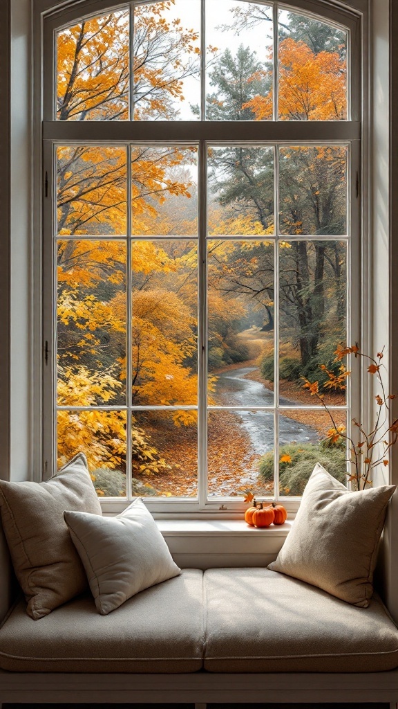 Cozy window seat with cushions overlooking colorful autumn trees.