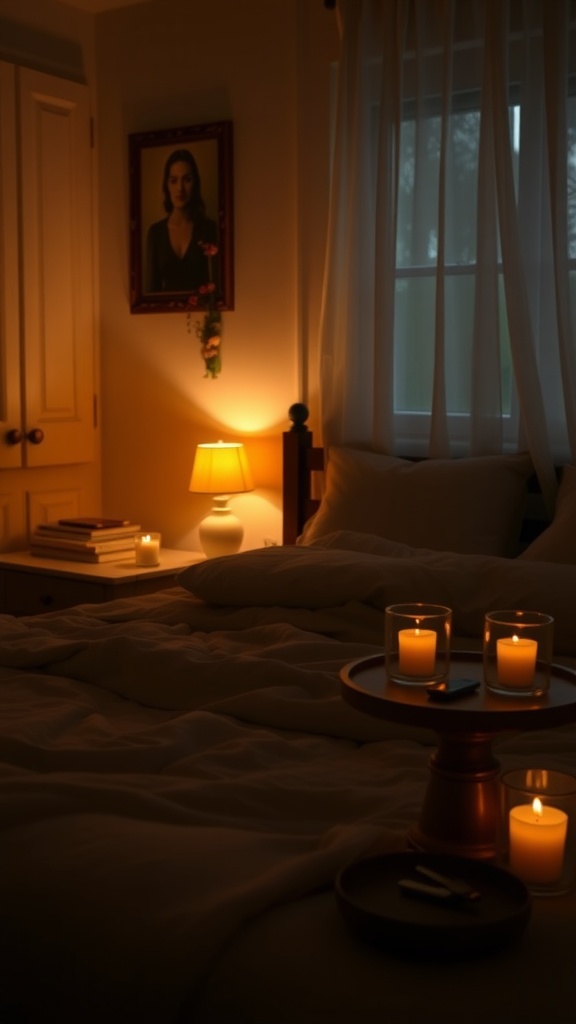 A cozy fall bedroom with soft lighting, featuring candles and a bedside lamp.