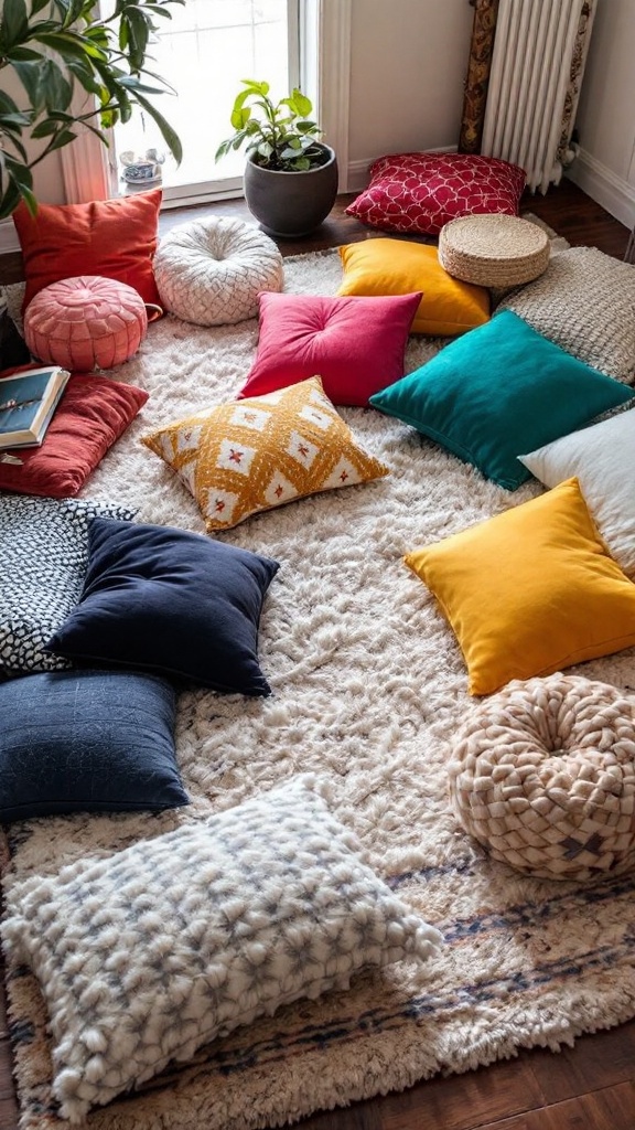 A cozy arrangement of colorful pillows on a soft area rug near a window