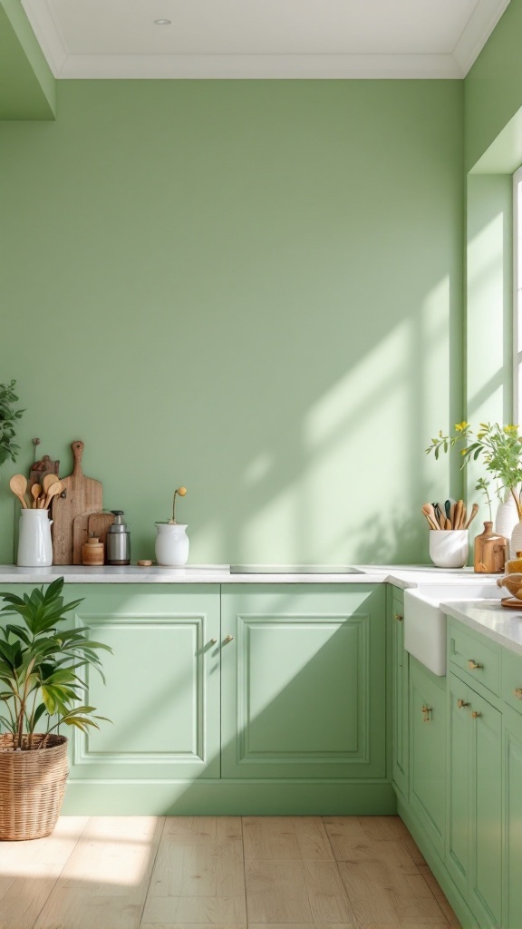 A cozy farmhouse kitchen with soft green walls and a rustic wooden table.