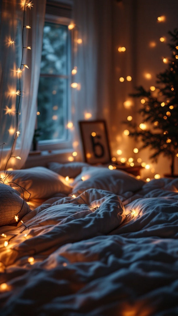 Cozy bedroom with fairy lights creating a warm glow.