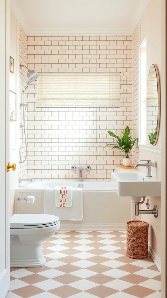 A bathroom with soft pastel checkerboard tiles, featuring a bathtub, sink, and decorative plants.