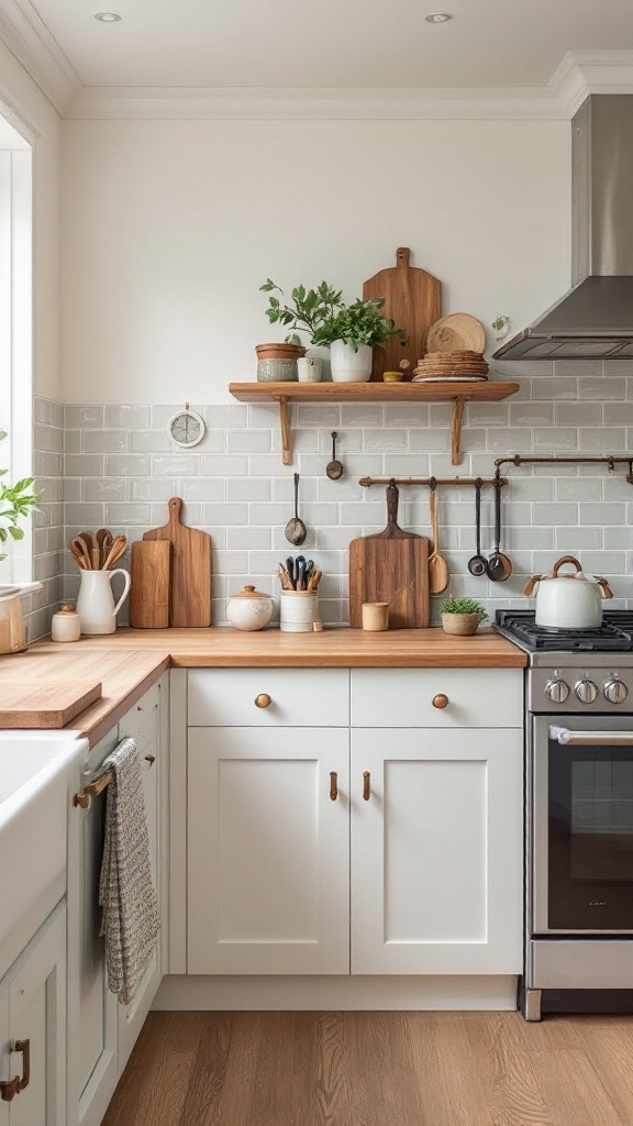 A cozy kitchen featuring soft pastel tiles, wooden shelves, and natural decor.