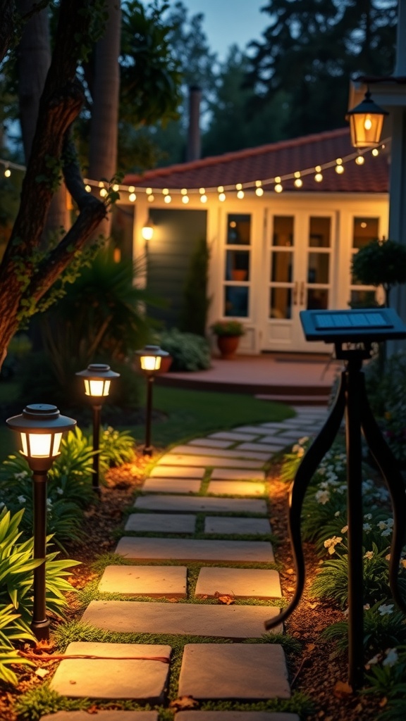 A beautifully lit pathway with solar-powered lights leading to a home, surrounded by greenery.