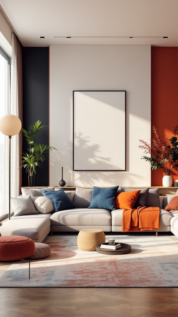 A modern living room with color-blocked walls featuring orange, black, and gray accents, complemented by a cozy sofa and decorative pillows.