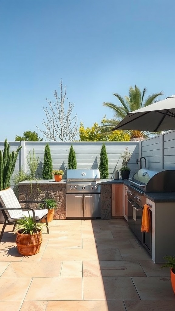 An outdoor kitchen featuring a sleek modern layout with a quartz countertop and rustic touches.