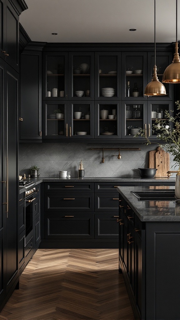 A modern kitchen with dark cabinets and gold accents