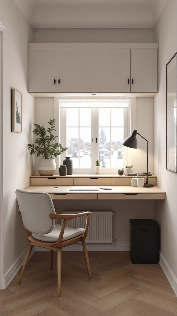 Cozy Scandinavian home office featuring a built-in Murphy desk.