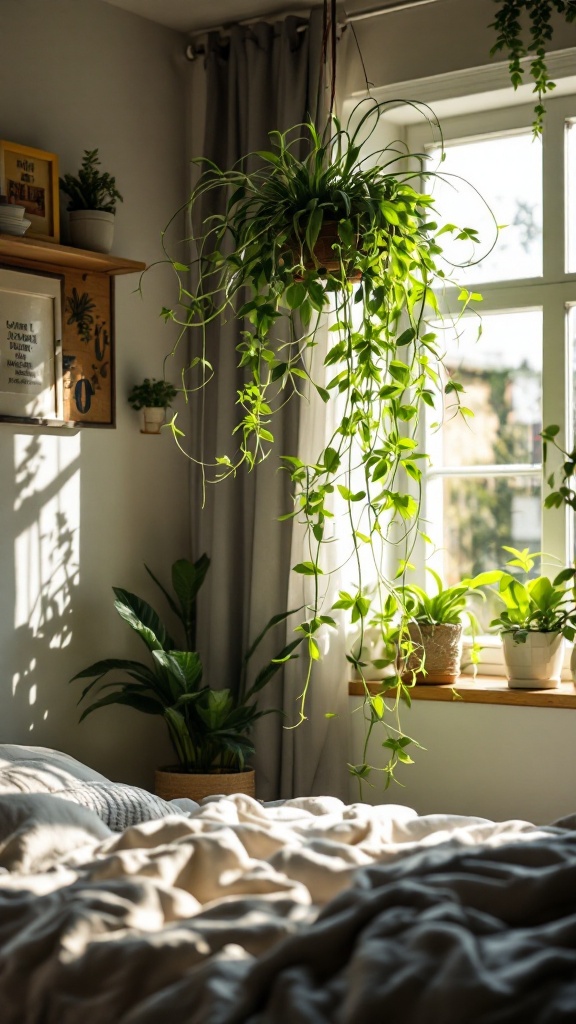 A bright room with a hanging spider plant near a window, showcasing its vibrant trailing leaves.