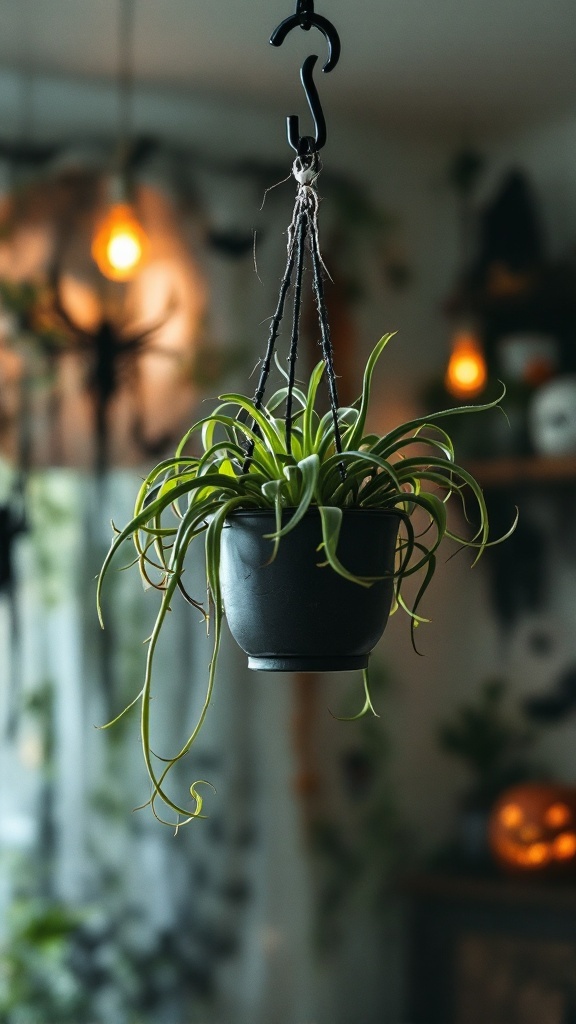 A hanging spider plant in a dark pot, showcasing its long, arching leaves, set against a cozy autumn backdrop with warm lighting.