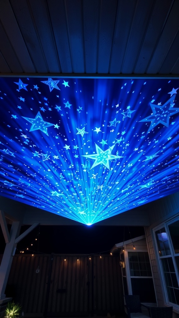 A starry night projector displaying blue stars and light rays on a patio ceiling