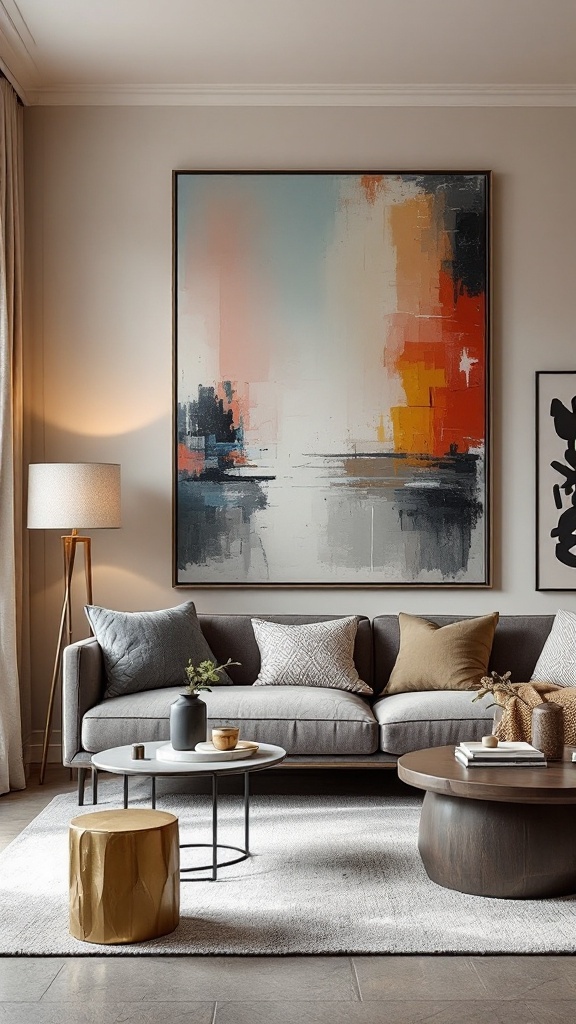 A stylish living room featuring a bold abstract painting above a grey sofa, complemented by modern decor.