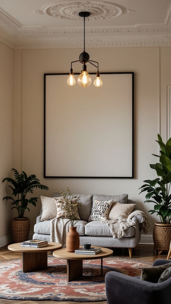 A stylish living room with a statement lighting fixture and cozy decor.