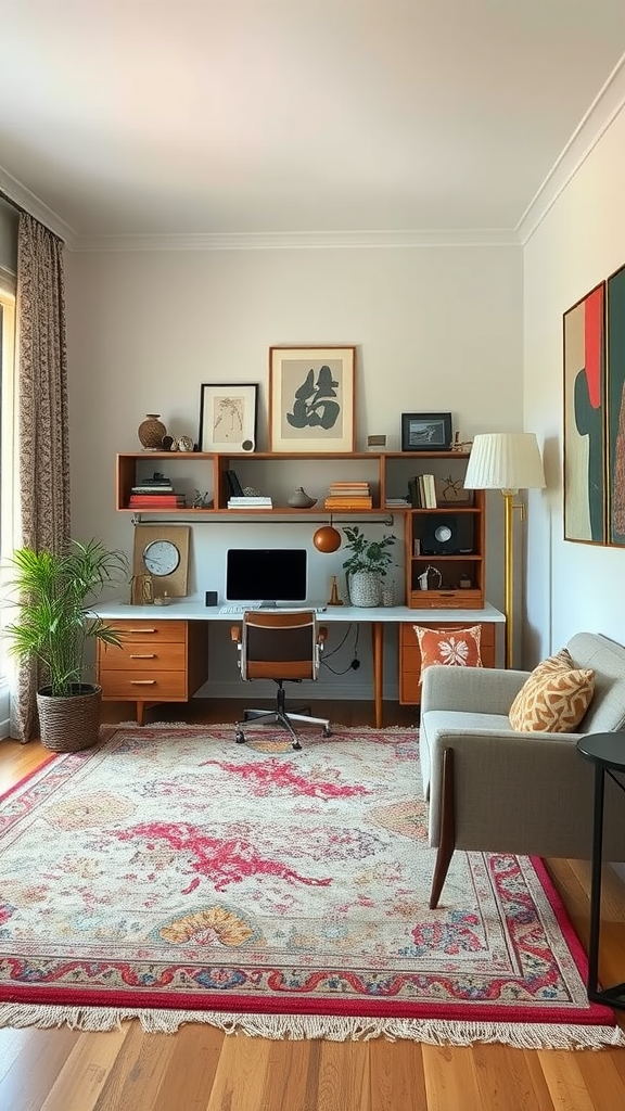 A cozy home office with a stylish rug, desk, and comfortable seating.