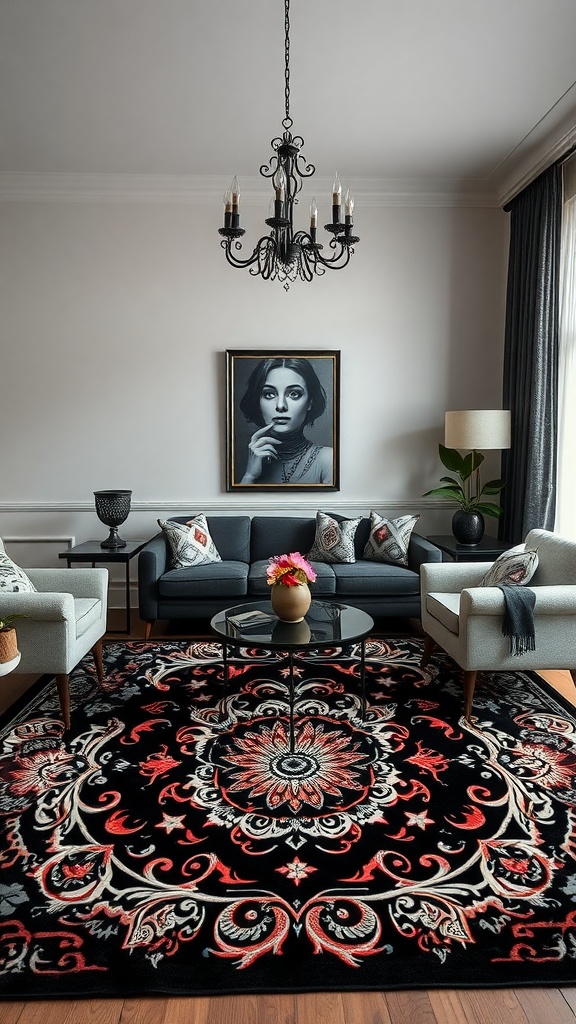 A living room featuring a bold black and red statement rug with floral designs, a chandelier above, and stylish furniture.