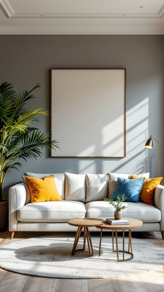 A stylish living room featuring a light-colored statement sofa with colorful cushions, a round coffee table, and a potted plant.