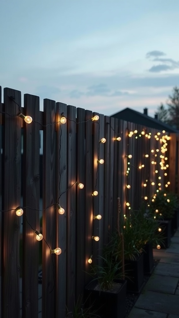 String lights illuminated along a wooden fence with planters