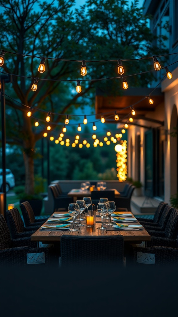 A beautifully lit outdoor dining area with string lights overhead, creating a warm and inviting atmosphere.