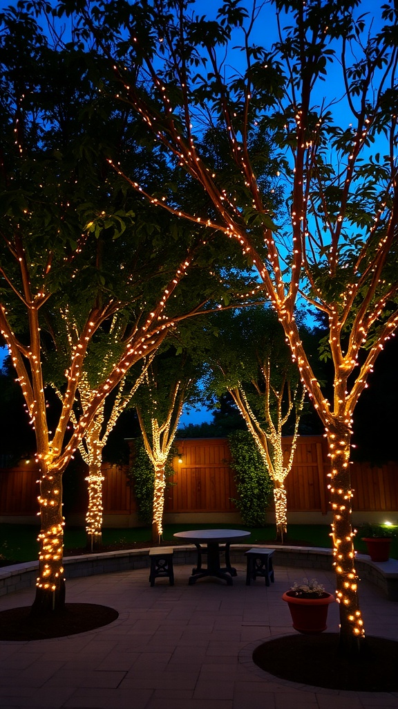 Patio with string lights wrapped around trees in the evening.