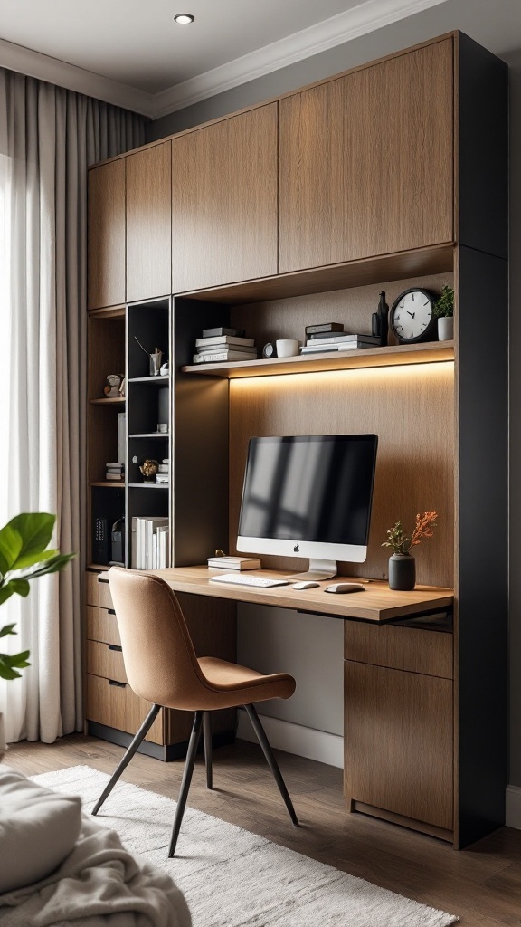 A Scandinavian home office with a built-in Murphy desk, showcasing a stylish and compact design.