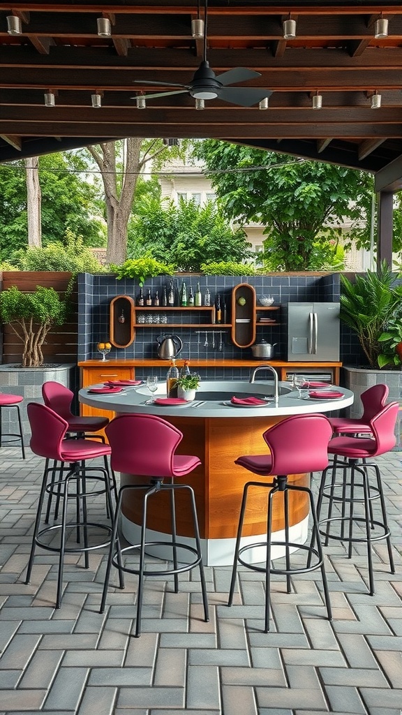 Stylish bar stools at a modern outdoor kitchen with a central bar area.