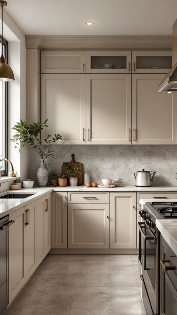 A modern kitchen with stylish corner cabinets and a neutral color palette.