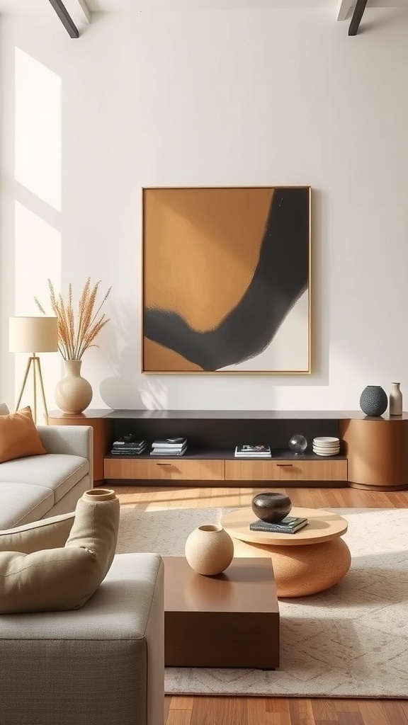 A modern neutral living room featuring stylish decor with a large painting, elegant vases, and cozy textures.