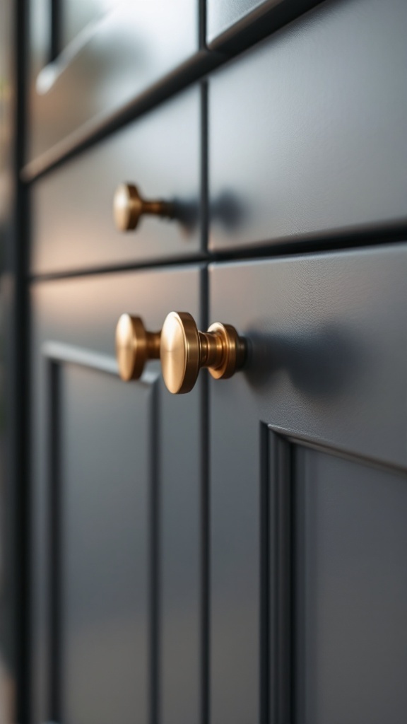 Close-up view of kitchen cabinet hardware featuring brushed gold knobs on dark cabinets.