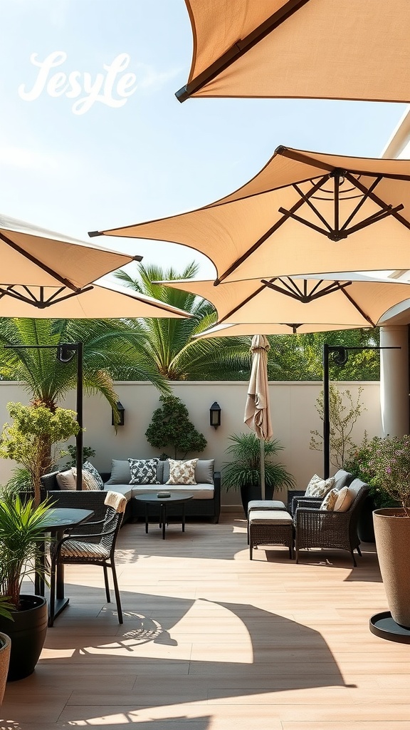 A stylish patio with large umbrellas providing shade, featuring cozy seating and plants.