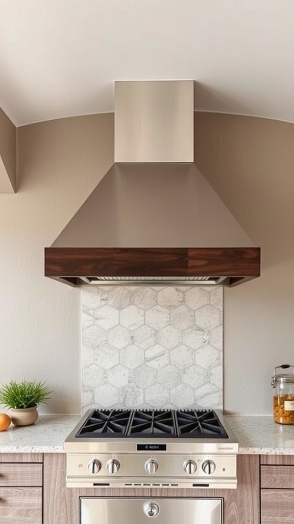 A modern outdoor kitchen featuring a stylish vent hood above a stainless steel grill.