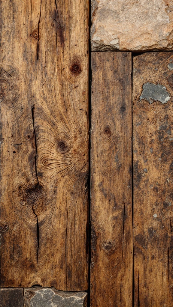 Close-up of rustic wooden surfaces and stone textures.