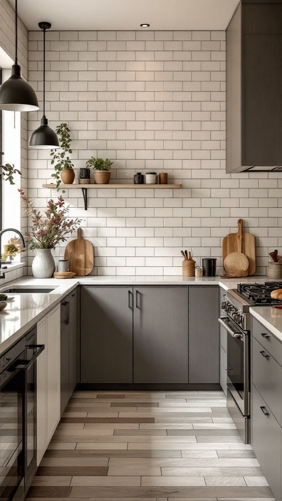 Kitchen featuring earthy-toned subway tiles with wood accents and plants.