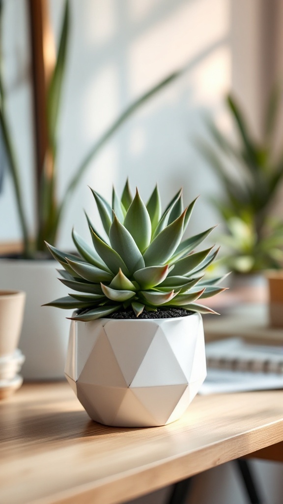 A beautiful succulent in a geometric pot on a wooden desk.