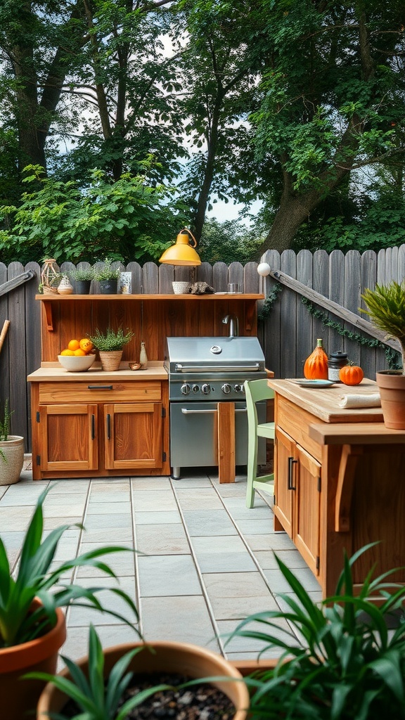 An outdoor kitchen setup featuring reclaimed wood cabinets and quartz countertops.