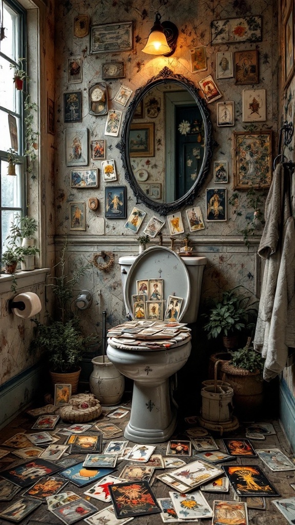 A cozy bathroom filled with tarot cards on the walls, floor, and toilet, complemented by plants and vintage decor.