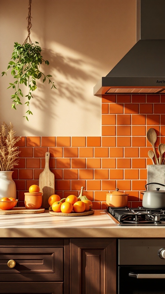 A kitchen featuring terracotta tile backsplash with oranges and kitchen utensils.