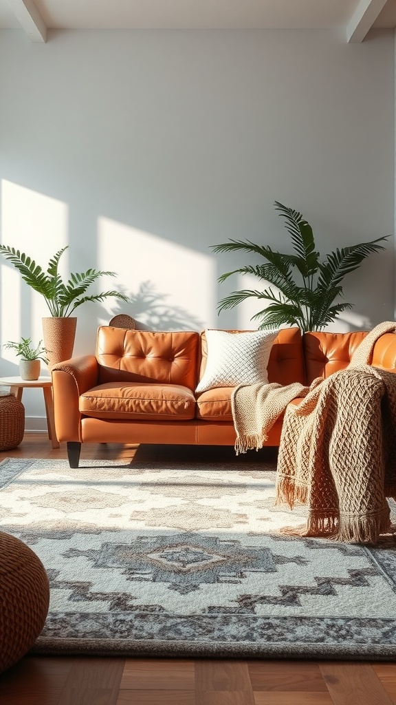 A cozy modern living room featuring a leather couch, knitted throw, and textured poufs.